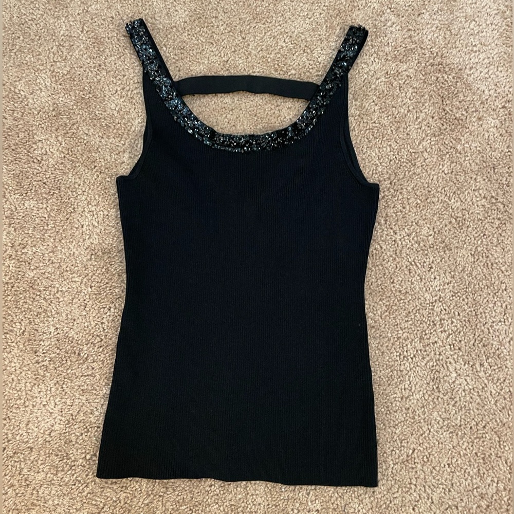 Vtg Cache Black Sequin-Trim Ribbed Tank